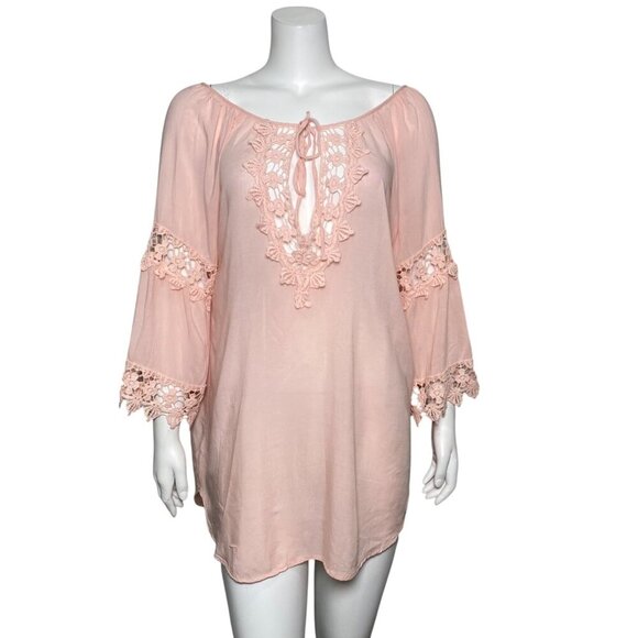 Blue Island Lace Cut Out Tunic Top  Womens Size M Pink 3/4 Sleeve Popover - Picture 1 of 7